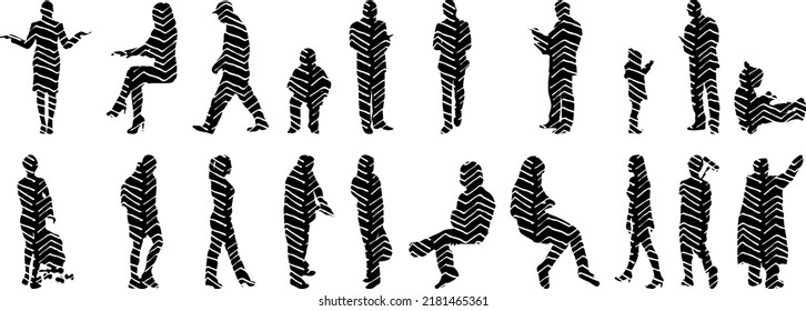 Vector silhouettes, Outline silhouettes of people, Contour drawing, people silhouette, Icon Set Isolated, Silhouette of sitting people, Architectural set	
