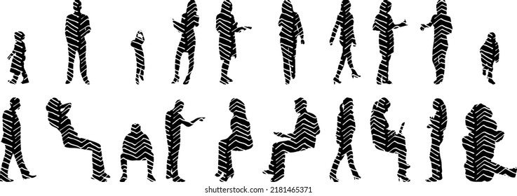 Vector silhouettes, Outline silhouettes of people, Contour drawing, people silhouette, Icon Set Isolated, Silhouette of sitting people, Architectural set	
