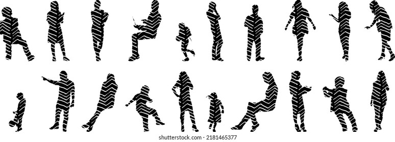 Vector silhouettes, Outline silhouettes of people, Contour drawing, people silhouette, Icon Set Isolated, Silhouette of sitting people, Architectural set	
