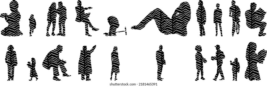 Vector silhouettes, Outline silhouettes of people, Contour drawing, people silhouette, Icon Set Isolated, Silhouette of sitting people, Architectural set	
