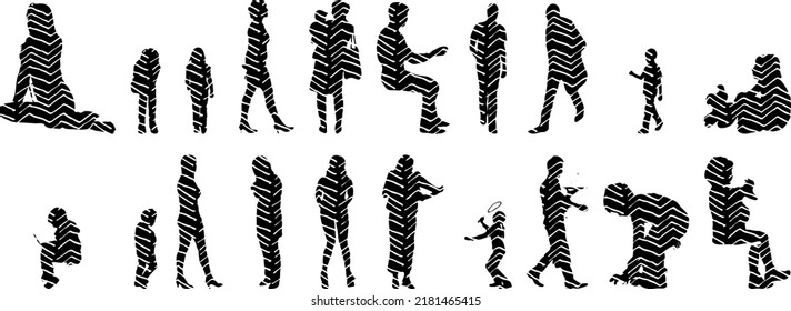 Vector silhouettes, Outline silhouettes of people, Contour drawing, people silhouette, Icon Set Isolated, Silhouette of sitting people, Architectural set	
