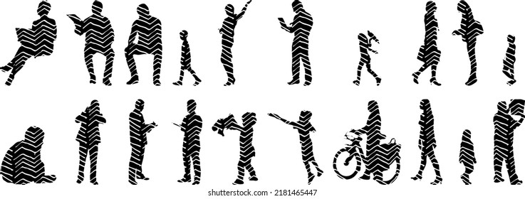 Vector silhouettes, Outline silhouettes of people, Contour drawing, people silhouette, Icon Set Isolated, Silhouette of sitting people, Architectural set	
