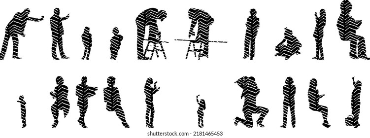 Vector silhouettes, Outline silhouettes of people, Contour drawing, people silhouette, Icon Set Isolated, Silhouette of sitting people, Architectural set	
