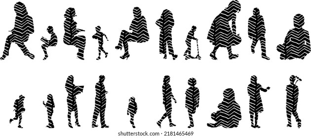 Vector silhouettes, Outline silhouettes of people, Contour drawing, people silhouette, Icon Set Isolated, Silhouette of sitting people, Architectural set	
