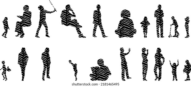 Vector silhouettes, Outline silhouettes of people, Contour drawing, people silhouette, Icon Set Isolated, Silhouette of sitting people, Architectural set	
