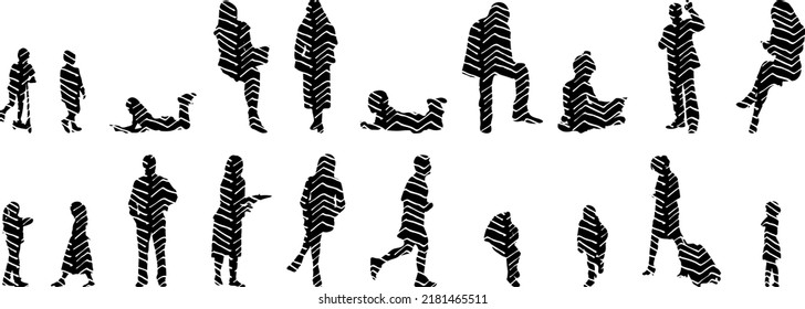 Vector silhouettes, Outline silhouettes of people, Contour drawing, people silhouette, Icon Set Isolated, Silhouette of sitting people, Architectural set	
