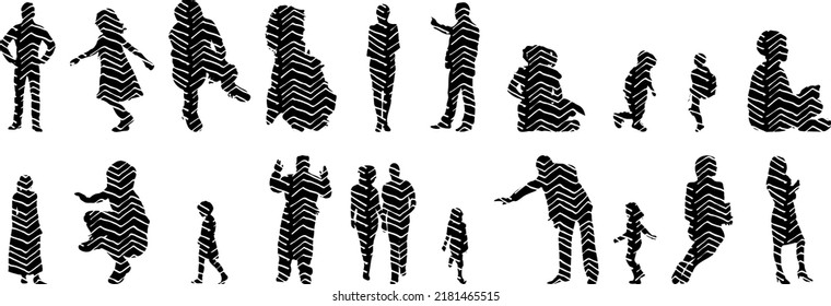 Vector silhouettes, Outline silhouettes of people, Contour drawing, people silhouette, Icon Set Isolated, Silhouette of sitting people, Architectural set	
