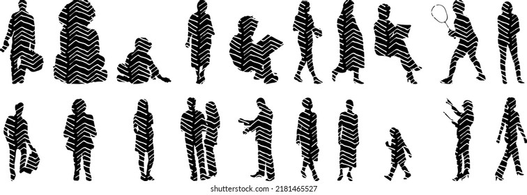 Vector silhouettes, Outline silhouettes of people, Contour drawing, people silhouette, Icon Set Isolated, Silhouette of sitting people, Architectural set	
