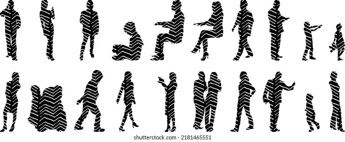 Vector silhouettes, Outline silhouettes of people, Contour drawing, people silhouette, Icon Set Isolated, Silhouette of sitting people, Architectural set	
