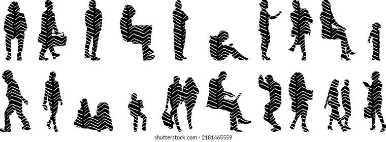 Vector silhouettes, Outline silhouettes of people, Contour drawing, people silhouette, Icon Set Isolated, Silhouette of sitting people, Architectural set	
