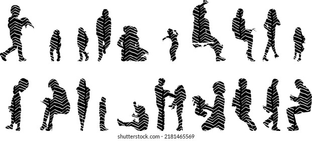 Vector silhouettes, Outline silhouettes of people, Contour drawing, people silhouette, Icon Set Isolated, Silhouette of sitting people, Architectural set	
