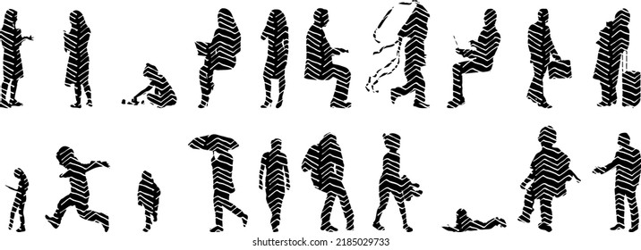 Vector silhouettes, Outline silhouettes of people, Contour drawing, people silhouette, Icon Set Isolated, Silhouette of sitting people, Architectural set	
