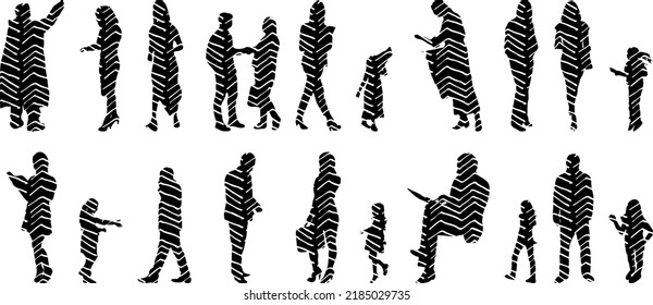 Vector silhouettes, Outline silhouettes of people, Contour drawing, people silhouette, Icon Set Isolated, Silhouette of sitting people, Architectural set	
