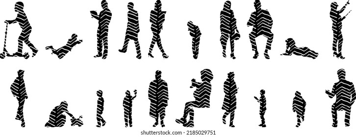 Vector silhouettes, Outline silhouettes of people, Contour drawing, people silhouette, Icon Set Isolated, Silhouette of sitting people, Architectural set	
