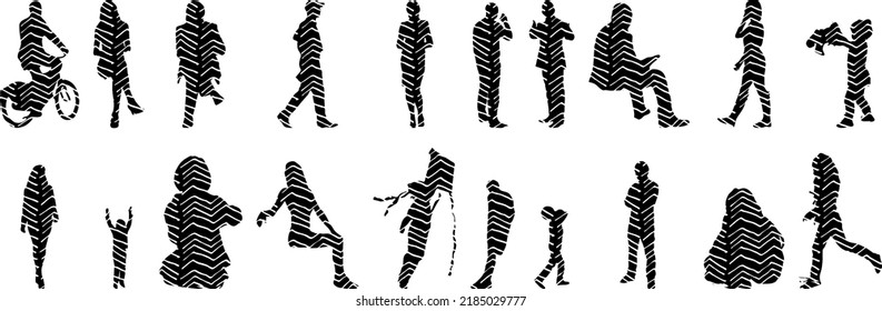 Vector silhouettes, Outline silhouettes of people, Contour drawing, people silhouette, Icon Set Isolated, Silhouette of sitting people, Architectural set	
