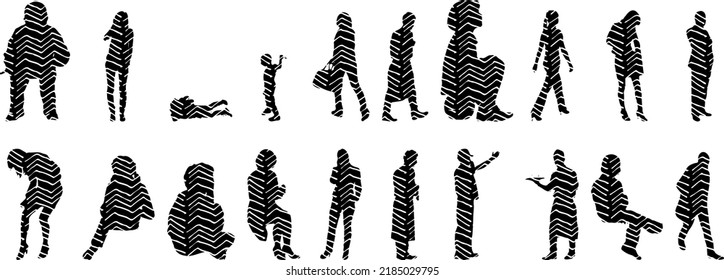 Vector silhouettes, Outline silhouettes of people, Contour drawing, people silhouette, Icon Set Isolated, Silhouette of sitting people, Architectural set	
