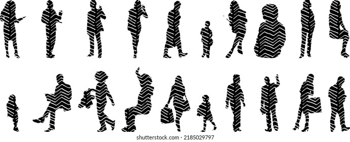 Vector silhouettes, Outline silhouettes of people, Contour drawing, people silhouette, Icon Set Isolated, Silhouette of sitting people, Architectural set	
