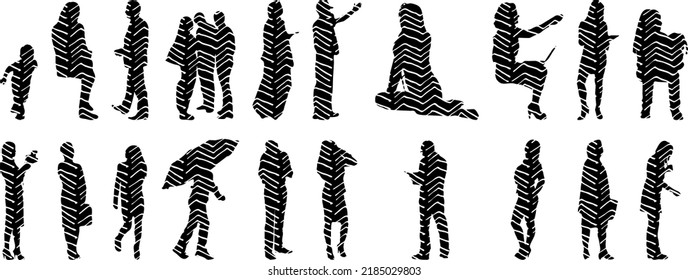 Vector silhouettes, Outline silhouettes of people, Contour drawing, people silhouette, Icon Set Isolated, Silhouette of sitting people, Architectural set	
