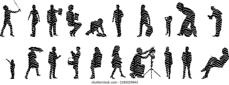 Vector silhouettes, Outline silhouettes of people, Contour drawing, people silhouette, Icon Set Isolated, Silhouette of sitting people, Architectural set	
