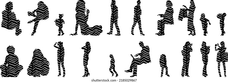 Vector silhouettes, Outline silhouettes of people, Contour drawing, people silhouette, Icon Set Isolated, Silhouette of sitting people, Architectural set	
