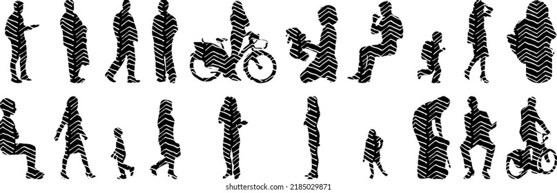 Vector silhouettes, Outline silhouettes of people, Contour drawing, people silhouette, Icon Set Isolated, Silhouette of sitting people, Architectural set	
