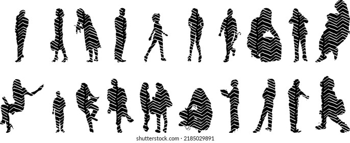 Vector silhouettes, Outline silhouettes of people, Contour drawing, people silhouette, Icon Set Isolated, Silhouette of sitting people, Architectural set	
