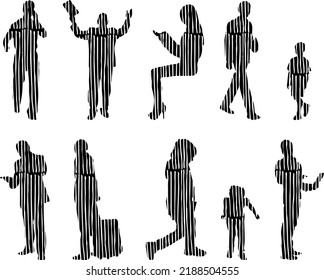 Vector silhouettes, Outline silhouettes of people, Contour drawing, people silhouette, Icon Set Isolated, Silhouette of sitting people, Architectural set	
