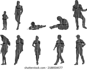Vector silhouettes, Outline silhouettes of people, Contour drawing, people silhouette, Icon Set Isolated, Silhouette of sitting people, Architectural set	
