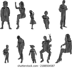 Vektor-Silhouetten, Silhouetten-Linien, Konturzeichnungen, Silhouette-Leute, Symbolsatz isoliert, Silhouette sitzender Menschen, Architekturset	
