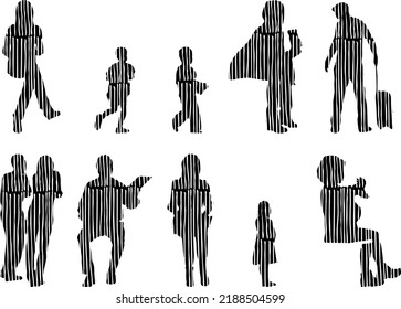 Vector silhouettes, Outline silhouettes of people, Contour drawing, people silhouette, Icon Set Isolated, Silhouette of sitting people, Architectural set	
