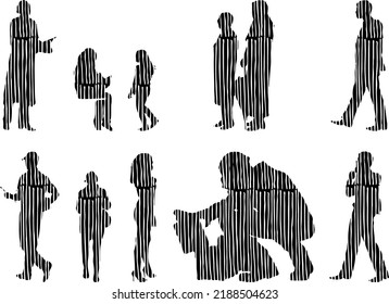 Vector silhouettes, Outline silhouettes of people, Contour drawing, people silhouette, Icon Set Isolated, Silhouette of sitting people, Architectural set	
