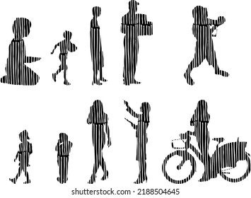 Vektor-Silhouetten, Silhouetten-Linien, Konturzeichnungen, Silhouette-Leute, Symbolsatz isoliert, Silhouette sitzender Menschen, Architekturset	
