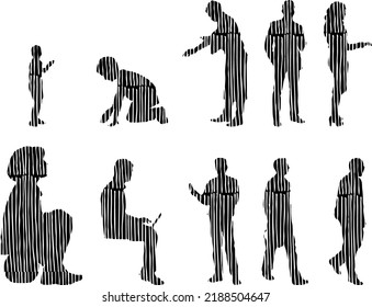 Vector silhouettes, Outline silhouettes of people, Contour drawing, people silhouette, Icon Set Isolated, Silhouette of sitting people, Architectural set	
