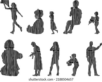 Vector silhouettes, Outline silhouettes of people, Contour drawing, people silhouette, Icon Set Isolated, Silhouette of sitting people, Architectural set	
