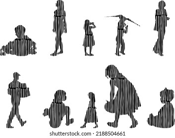 Vector silhouettes, Outline silhouettes of people, Contour drawing, people silhouette, Icon Set Isolated, Silhouette of sitting people, Architectural set	
