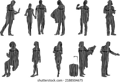 Vector silhouettes, Outline silhouettes of people, Contour drawing, people silhouette, Icon Set Isolated, Silhouette of sitting people, Architectural set	
