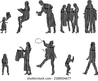 Vector silhouettes, Outline silhouettes of people, Contour drawing, people silhouette, Icon Set Isolated, Silhouette of sitting people, Architectural set	
