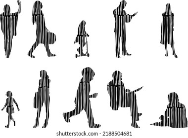 Vektor-Silhouetten, Silhouetten-Linien, Konturzeichnungen, Silhouette-Leute, Symbolsatz isoliert, Silhouette sitzender Menschen, Architekturset	
