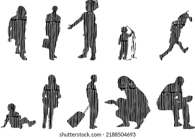 Vector silhouettes, Outline silhouettes of people, Contour drawing, people silhouette, Icon Set Isolated, Silhouette of sitting people, Architectural set	
