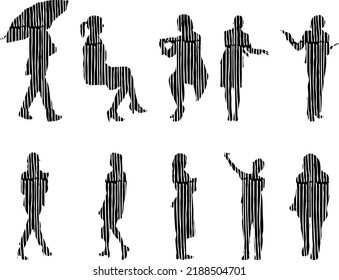 Siluetas vectoriales, Siluetas de contorno de personas, Dibujo de contorno, silueta de personas, Conjunto de iconos aislados, Silueta de personas sentadas, Conjunto arquitectónico	
