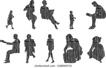 Vector silhouettes, Outline silhouettes of people, Contour drawing, people silhouette, Icon Set Isolated, Silhouette of sitting people, Architectural set	
