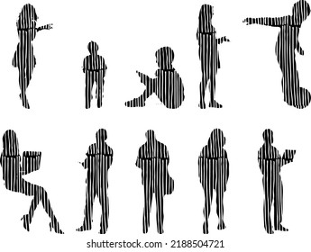 Vector silhouettes, Outline silhouettes of people, Contour drawing, people silhouette, Icon Set Isolated, Silhouette of sitting people, Architectural set	

