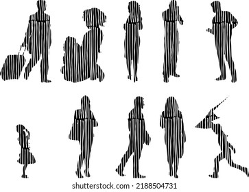 Vector silhouettes, Outline silhouettes of people, Contour drawing, people silhouette, Icon Set Isolated, Silhouette of sitting people, Architectural set	
