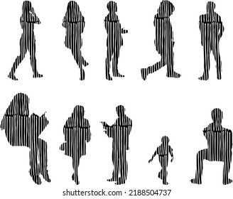 Vector silhouettes, Outline silhouettes of people, Contour drawing, people silhouette, Icon Set Isolated, Silhouette of sitting people, Architectural set	
