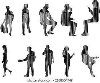 Vector silhouettes, Outline silhouettes of people, Contour drawing, people silhouette, Icon Set Isolated, Silhouette of sitting people, Architectural set	
