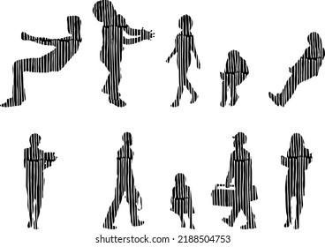 Vector silhouettes, Outline silhouettes of people, Contour drawing, people silhouette, Icon Set Isolated, Silhouette of sitting people, Architectural set	
