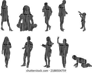 Vector silhouettes, Outline silhouettes of people, Contour drawing, people silhouette, Icon Set Isolated, Silhouette of sitting people, Architectural set	
