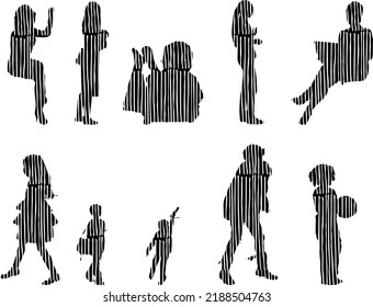 Vector silhouettes, Outline silhouettes of people, Contour drawing, people silhouette, Icon Set Isolated, Silhouette of sitting people, Architectural set	

