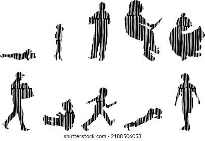 Vector silhouettes, Outline silhouettes of people, Contour drawing, people silhouette, Icon Set Isolated, Silhouette of sitting people, Architectural set	
