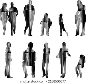 Siluetas vectoriales, Siluetas de contorno de personas, Dibujo de contorno, silueta de personas, Conjunto de iconos aislados, Silueta de personas sentadas, Conjunto arquitectónico	
